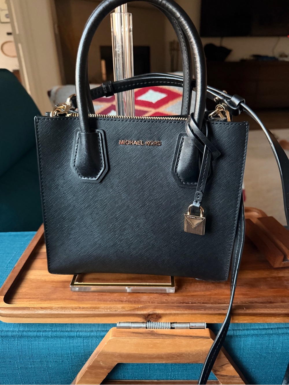 Michael Kors Black Saffiano Leather Mini Satchel with Gold Hardware